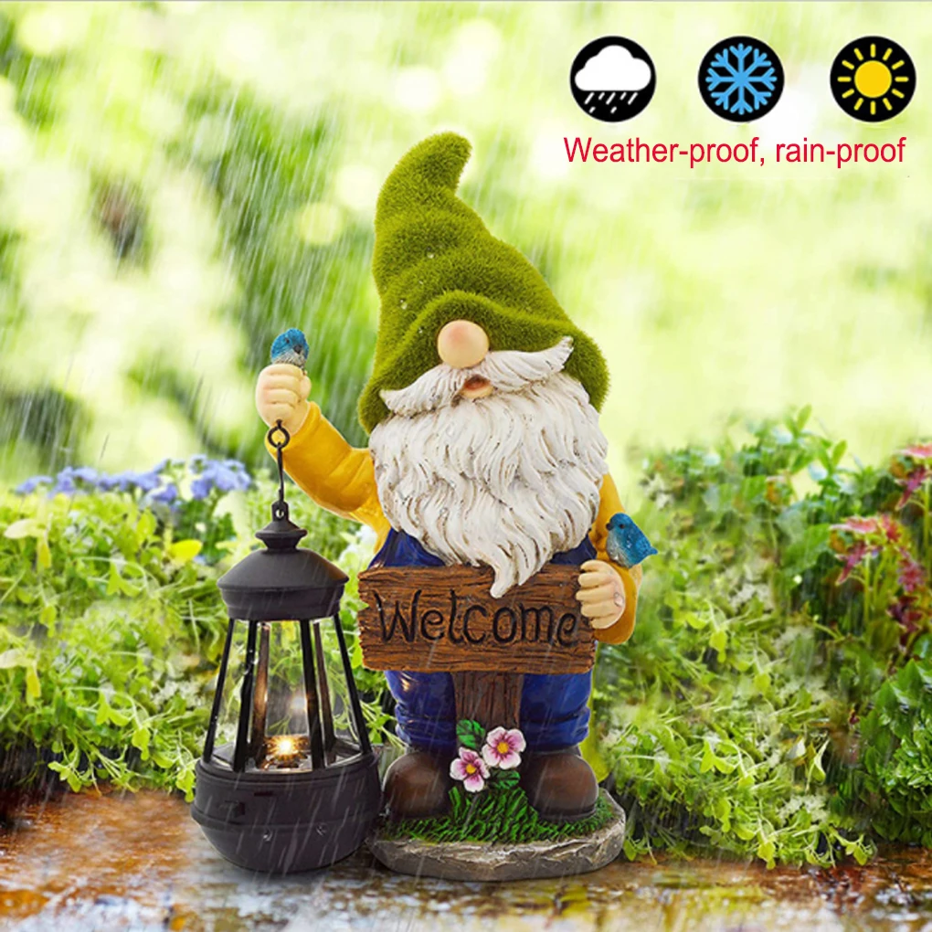 Home Garden Patio Solar Powered Light Statue Decor Courtyard Backyard Portable Glowing Welcome Resin Figure Outdoor