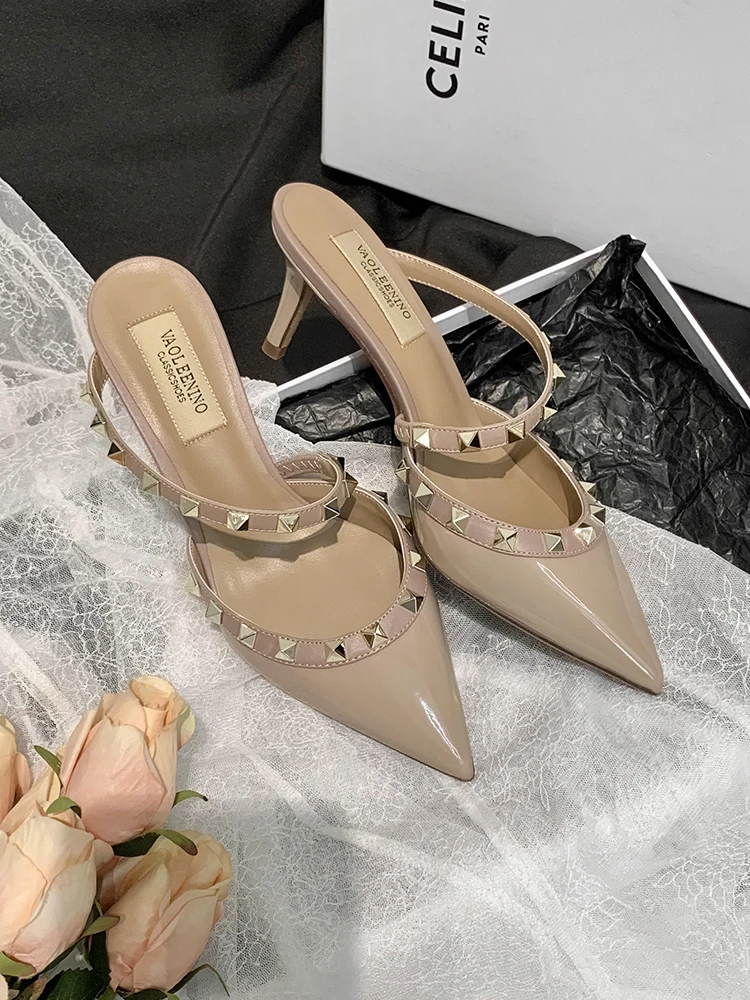 heeled sandals 2024 luxury women\'s shoes Brand Rivets Summer Women Slippers Fashion Pointed Toe Leather Stiletto Heels Sandals