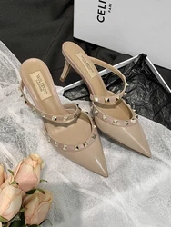 heeled sandals 2024 luxury women's shoes Brand Rivets Summer Women Slippers Fashion Pointed Toe Leather Stiletto Heels Sandals