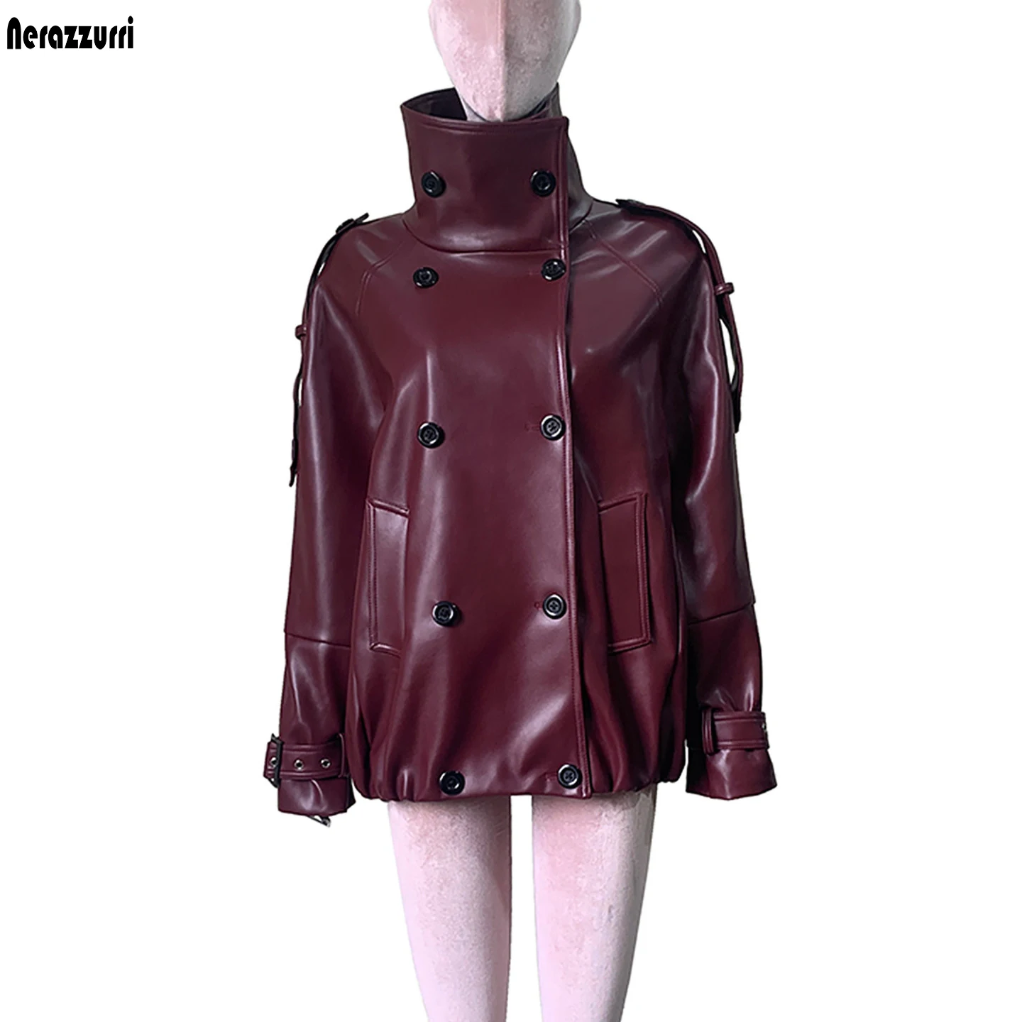 Nerazzurri Autumn Waterproof Windproof Hard Thick Pu Leather Trench Coat for Women Double Breasted Luxury European Fashion 2026