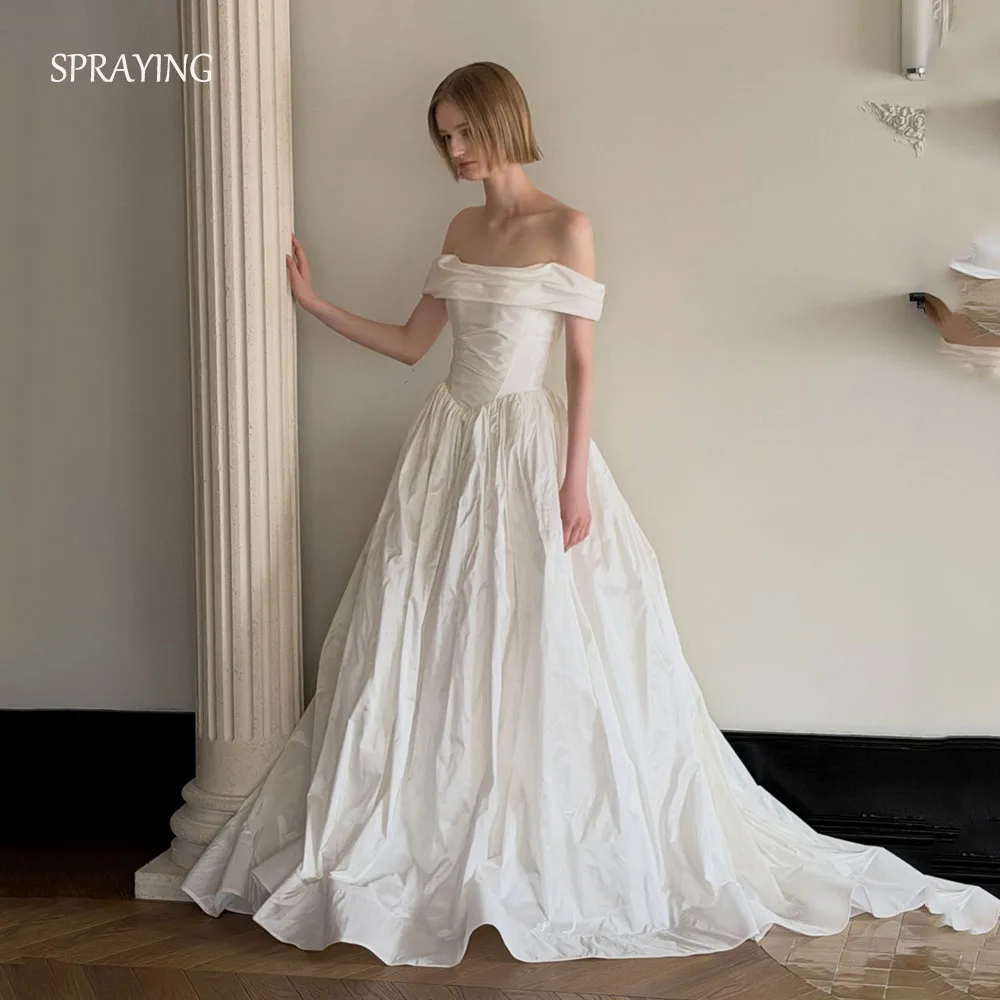 SPRAYING Simple Ivory Taffeta Wedding Dresses Korea Photo Shoot Strapless shawl Long Bridal Gown Corset Customized 웨딩드레스
