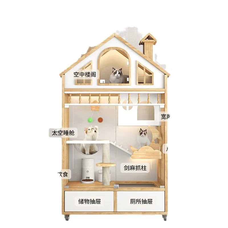 

Bungalow cat nest villa large space multi-layer square indoor household cat house solid wood house wooden full set