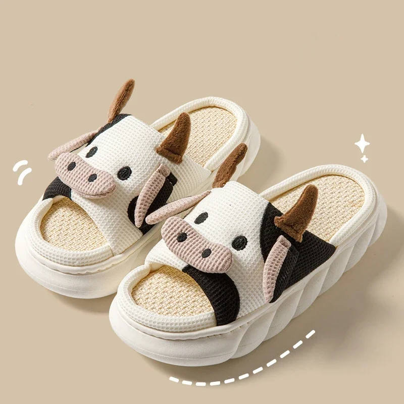 Cute Cartoon Cow Unisex Linen Slippers Spring Summer Slides Mule Men And Women Home Shoes Non-slip Flip Flops For Four Seasons