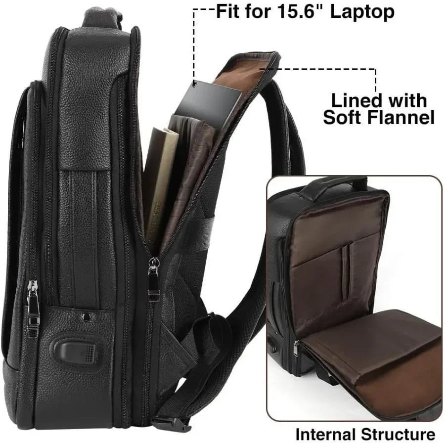 Full Grain Genuine Leather Backpack for Men Multi-Functional 15.6" Laptop Backpack with USB Charging Black Convertible Business