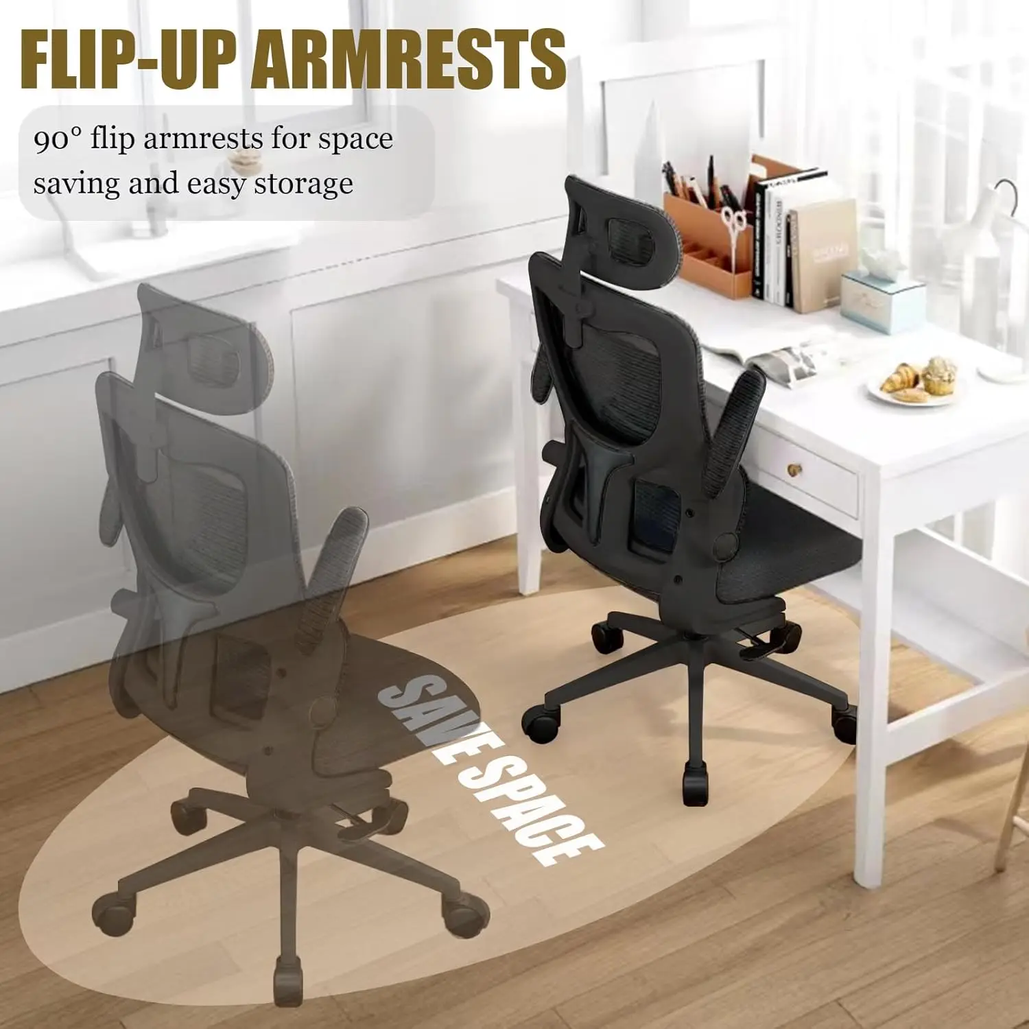 Computer office chair with FILP upward armrest gaming chair, lumbar support, adjustable headrest height rotating chair