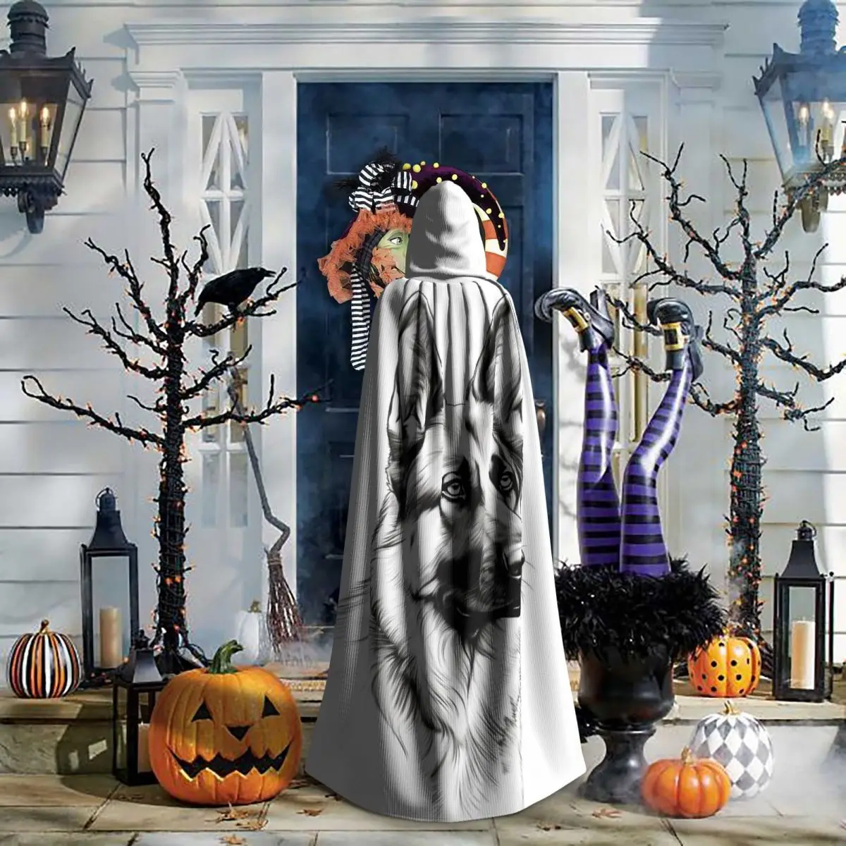 كلب الراعي الألماني عباءة طويلة بقلنسوة الساحرة في القرون الوسطى زي تنكري كيب الهالوين مصاص دماء الكبار للجنسين