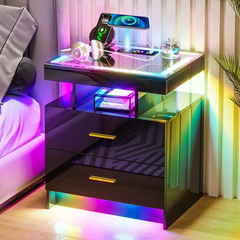 Juego de 2 mesitas de noche LED RGB, estación de carga inalámbrica y puertos USB, cajón y iluminación dinámica RGB, mesita de noche inteligente de alto brillo