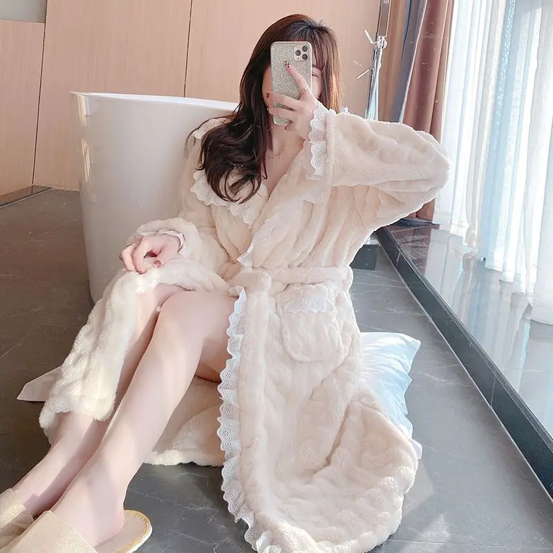 

Lace Robe for Women Belt Sleepwear Nightdress Winter Night Wear Pajama Nightgown Long Sleeve Warm Fleece Solid Homewear Japanese