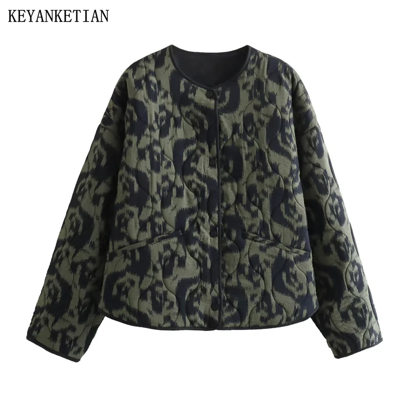 

KEYANKETIAN Winter New Women's National Retro Contrast Color Print Quilted Jacket O-Neck Button-up Loose Quilting Crop Outerwear