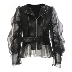 New Fashion PU Faux Leather Vest Steampunk Grunge Vintage Lace Mesh Crop Top Sexy senza maniche Slim moto Jacket