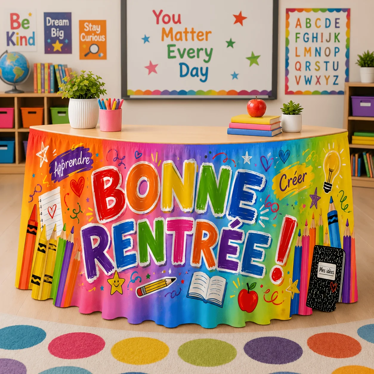 1-Pack, Color Hello School Table Skirt with Letters ABC and Numbers - Ideal for Classroom Parties