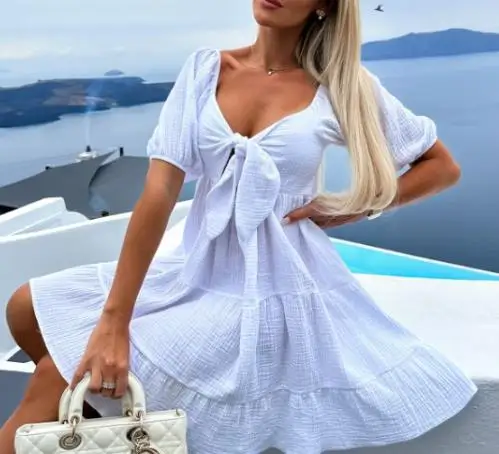 

Summer Fashion Versatile Lace Up V-Neck Short Sleeve Dress 2023 New Hot Selling Fashion Women's Loose Fit