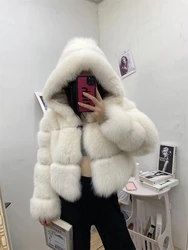 Short Fox Fur Jacket with Hood for Women, Full Sleeves, Vest with Collar,Hooded, Real Fox Fur Coat, Cropped for Girls, Winter