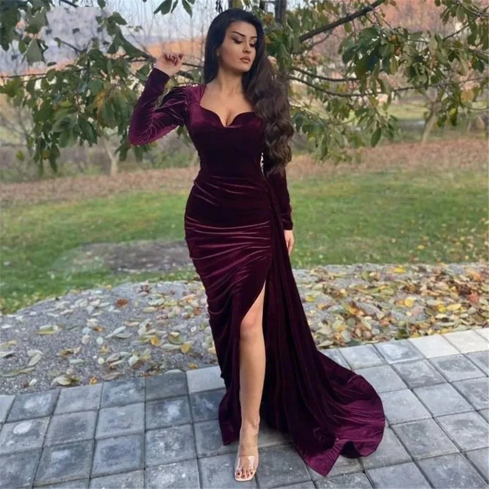 

Mermaid Evening Dress 2026 Long Sleeve Side Split Morocco Kaftan Velvet Prom Dresses Formal Party Gowns Dubai Vestidos De Fiesta