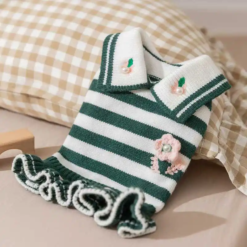 Fashion Polo Dog Sweater Striped Dog Clothes Small Dogs Winter Pet Coat Chihuahua Bichon French Bulldog Warm Dog Sweater Dress