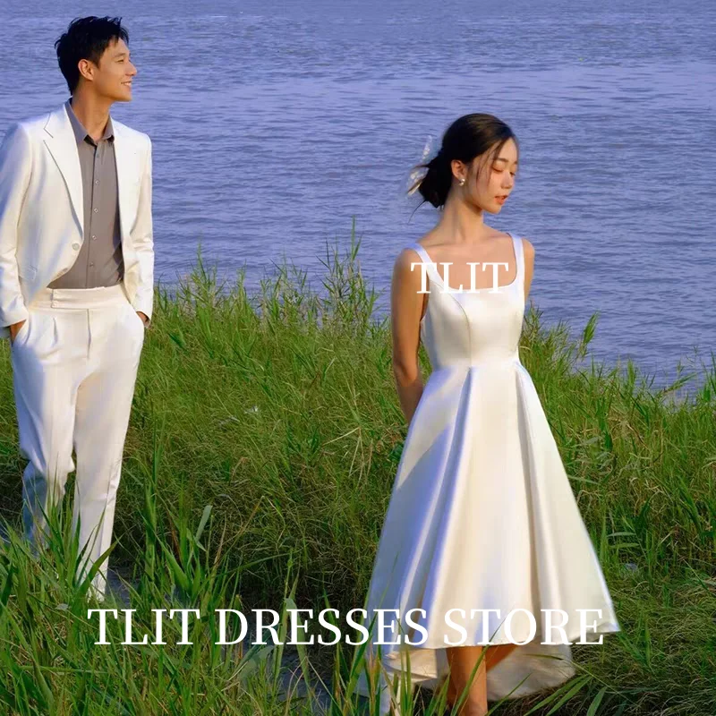 TLIT Elegant Silk Satin HI-LO Wedding Dress Wide Spaghetti Strap Bridal Gowns Korea Wedding Dress Photos Shoot Customized 웨딩드레스
