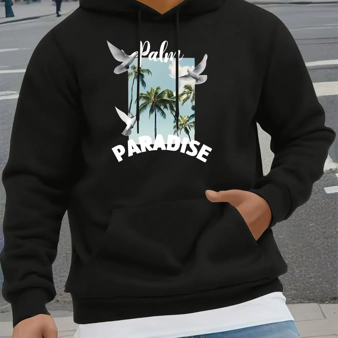 Men Oversized Casual Hoodie Palm Paradise Palm Tree Pigeon Print Pullover Korean Vacation Sweatshirt