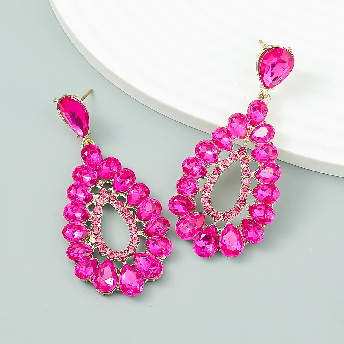 Water Drop Statement Zircons Long Drop Women Fuchsia Earrings