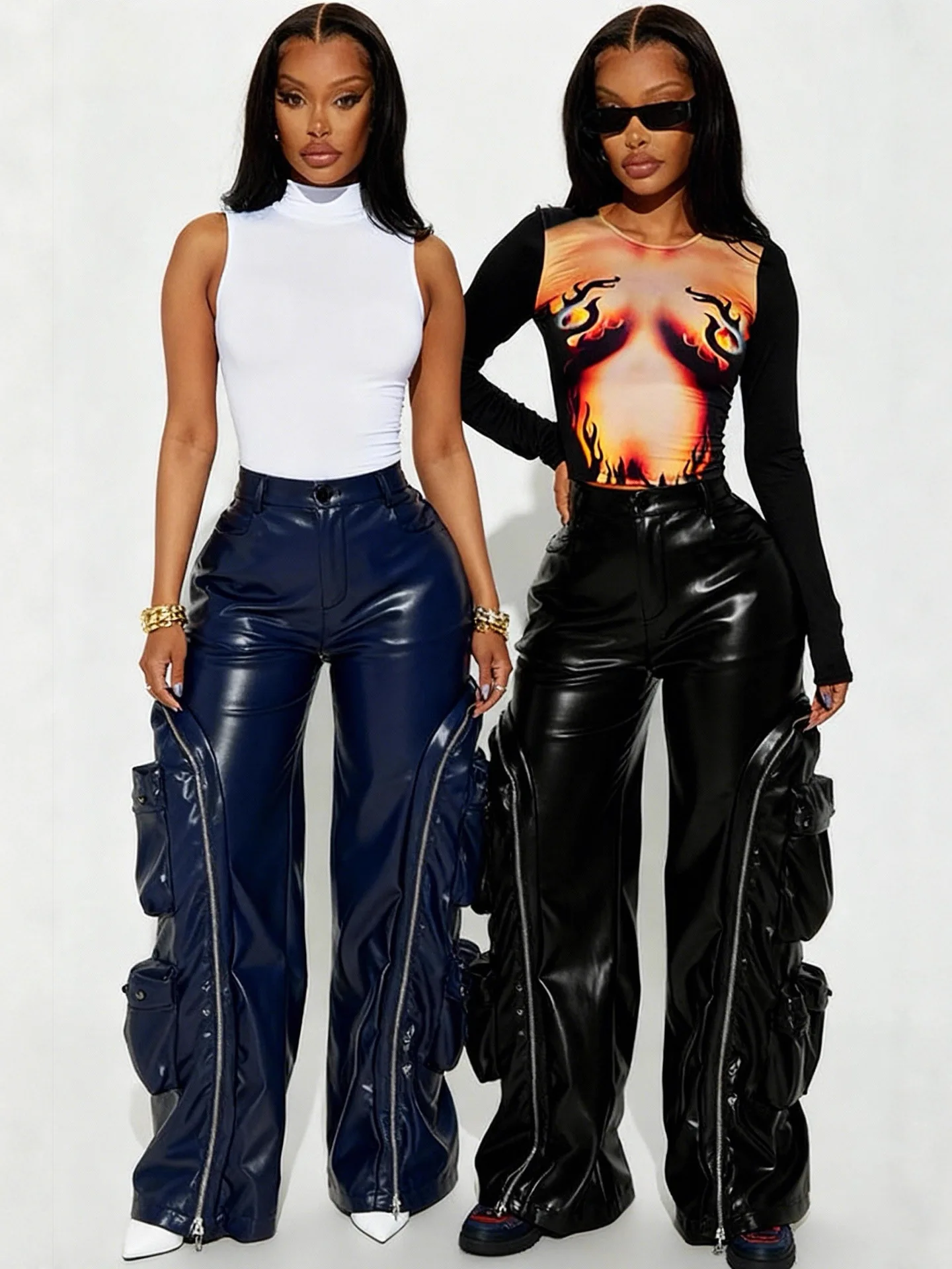 

Европейские модные женские кожаные брюки с молниями и карманами, эластичные повседневные брюки для женщин среднего возраста