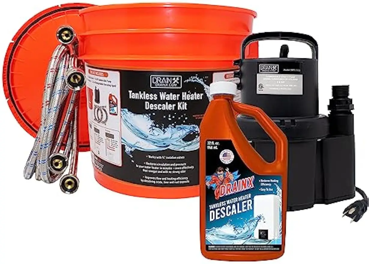 Tankless Water Heater Flushing Kit with Eco-safe Liquid Descaler Solution, Steel Hoses, 1/6HP Extra Strength Pump