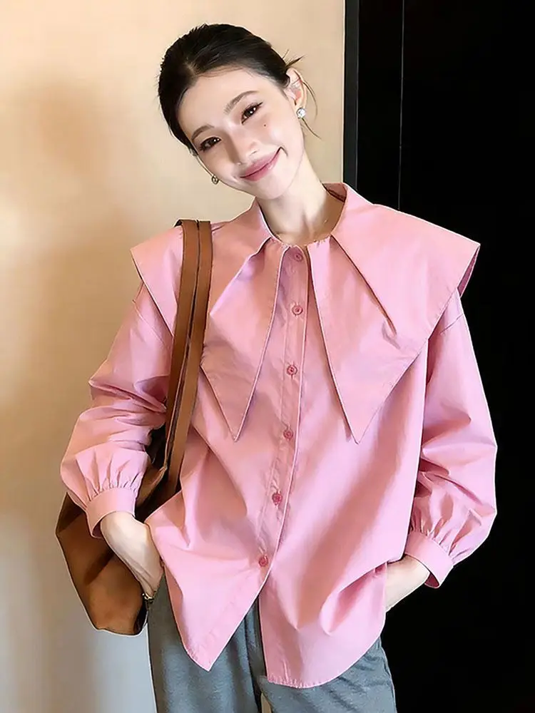 

Элегантная розовая женская рубашка с воротником-стойкой, свободного кроя, весенняя, повседневная, в корейском стиле, из чистого хлопка, с длинными рукавами, на пуговицах, кардиган