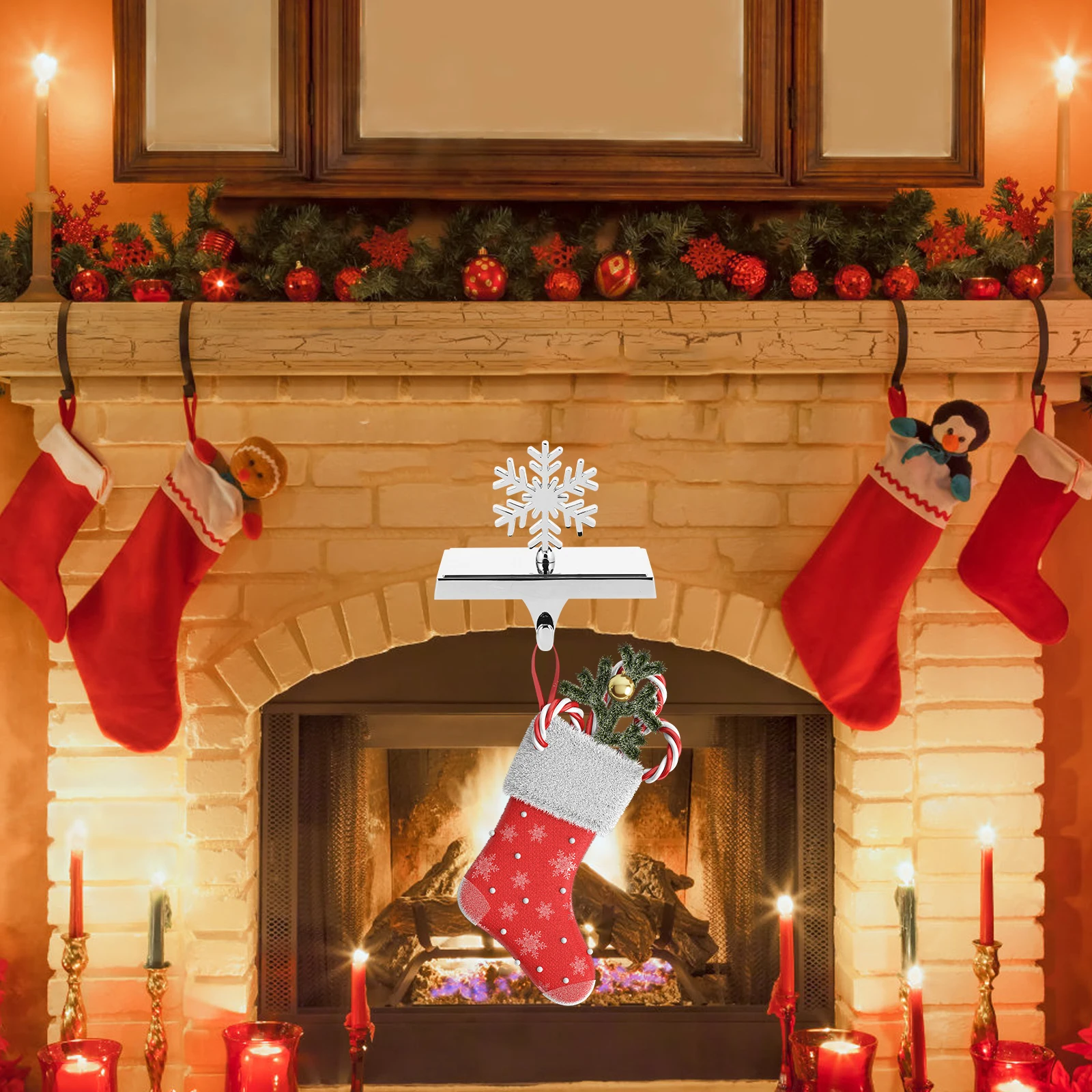 

Christmas Hook Xmas Stocking Holders Bracket Mantel Hangers for Mantle Letters Silver Stand Rustic