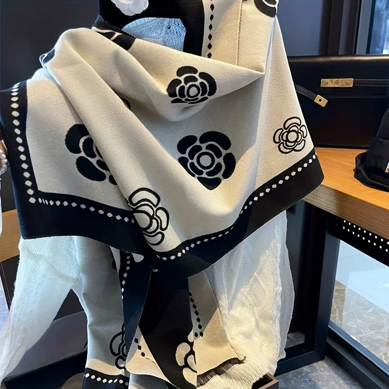 

Gentle Camellia Flower Jacquard Scarf Cashmere Soft Warm Short Beard Shawl Winter Versatile Coldproof Blanket Scarf