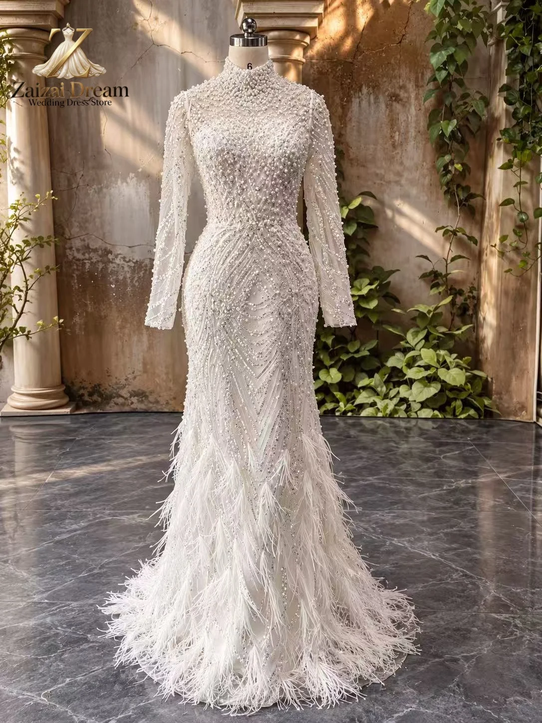 Customized Beaded Mermaid Wedding Dress High Neck Long Sleeves Pearl Crystal Feather Bridal Gown with Train Vestido De Novia