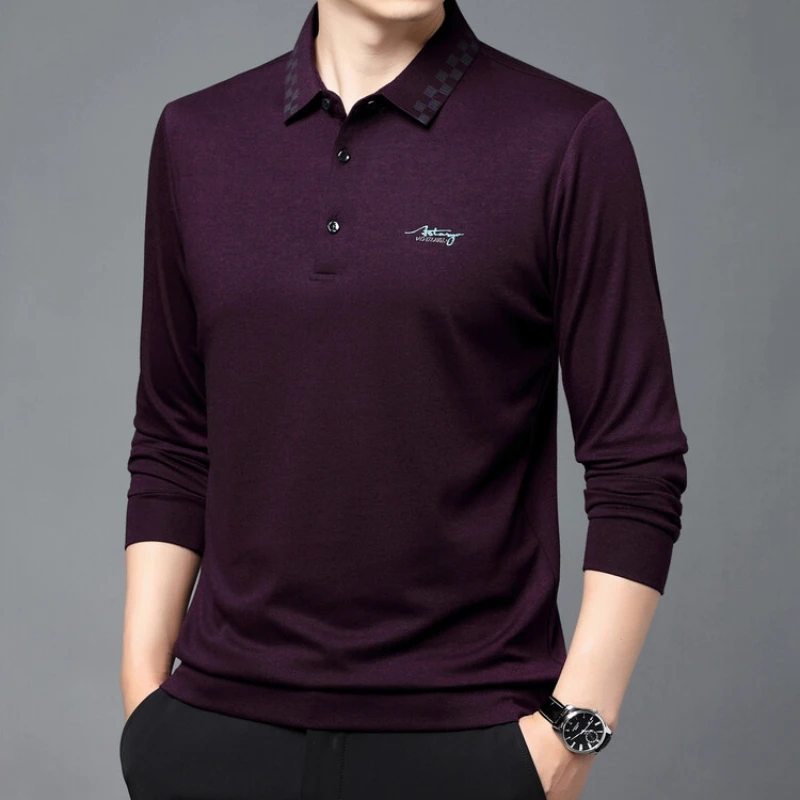 High-quality Men\'s Solid Color Business Casual Autumn Polo Shirt, Daily Commute Turn-down Collar Long Sleeve T-shirt.