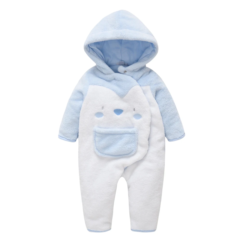 Baby Jungen Winter Fleece Kapuzen-Strampler Langarm Dicker Warmer Einteiler Neugeborenen Kleinkind Blau Weiß Cartoon Bär Taschen Kleidung