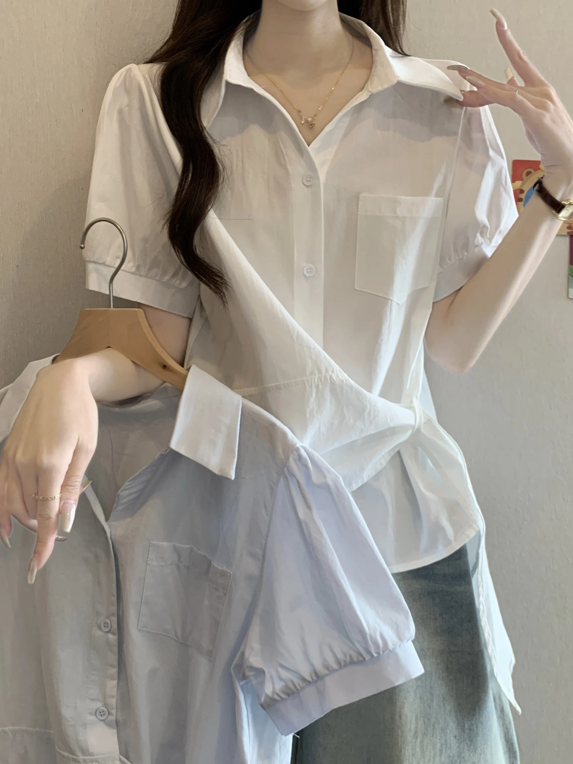 

Casual Style plus Size Shirt Waist Cinched Tie Dye Short Sleeve Collar Women's Summer Fashion Loose Fit Regular Thickness