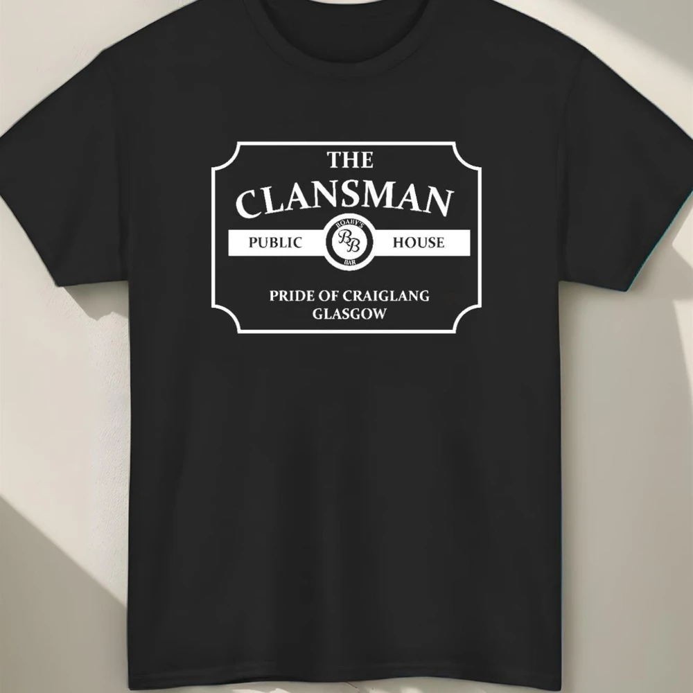 Men's Still Game Clansman Pub T-Shirt Scottish TV Show Inspired Graphic Tee with Geometric Clan Crest Tartan Design