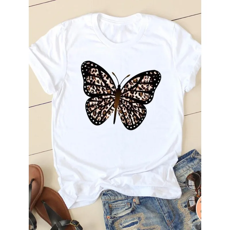 Leopard Print Butterfly Print Women's Short-sleeved Crew Neck T-shirt Women Clothing Harajuku Graphic T Shirts Aesthetic Clothes