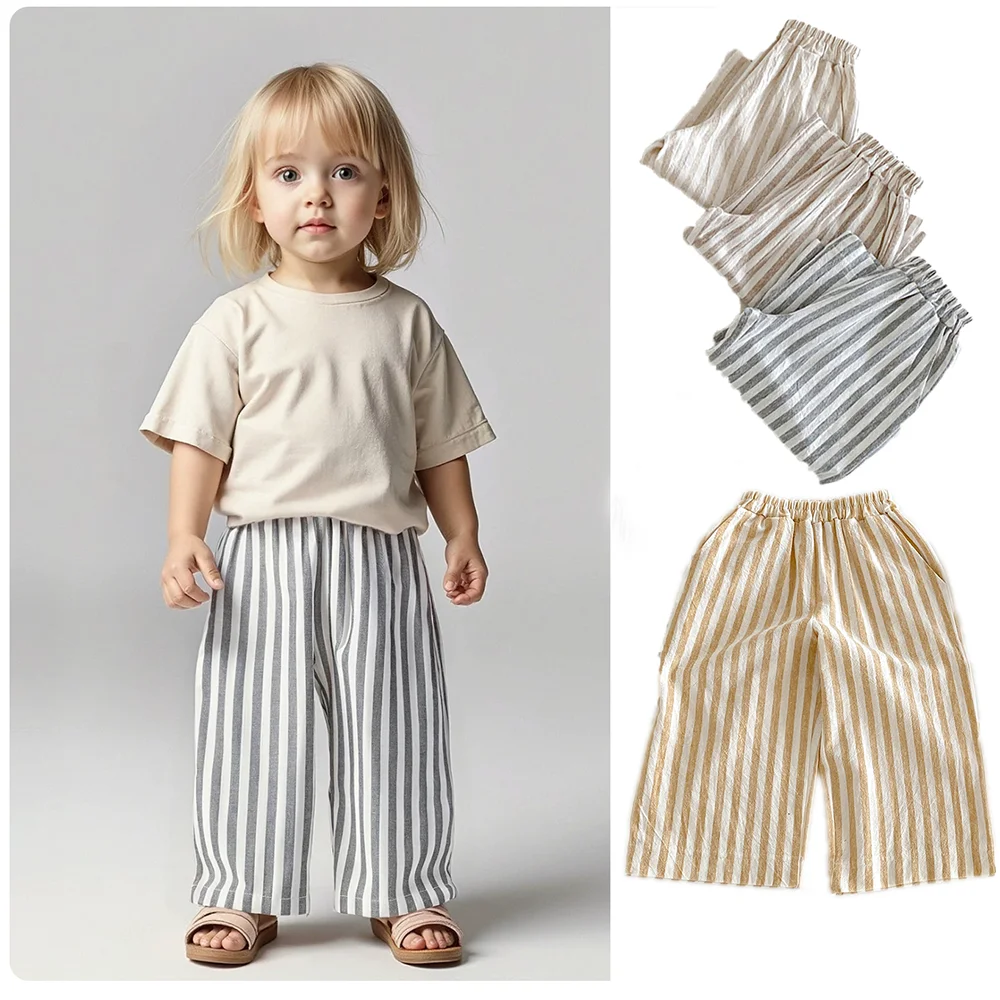 Jungen Mädchen Leinen-Baumwoll-Streifenhosen für Kinderkleidung Sommer Jungen Lockere Lässige Haremshosen Kinder Mückenschutz-Hosen