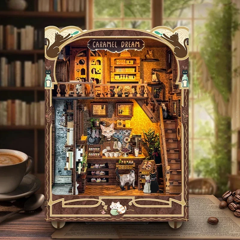 Wooden Caramel Dream Bookend DIY Model Kit Light Up Bookshelf Insert Miniature for Friends Birthday Gift