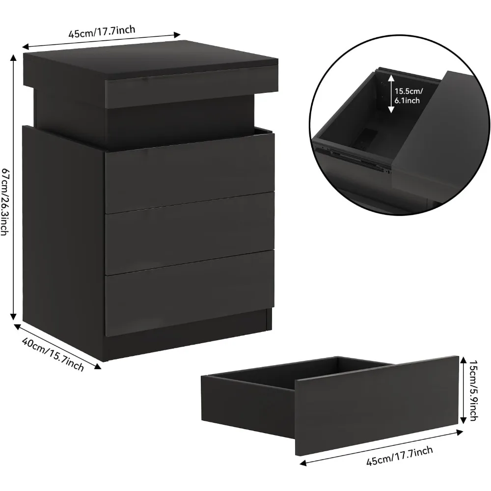 Juego de 2 Mesitas de Noche LED Negras، 3 كاجونز مع نظام دفع وسحب #3