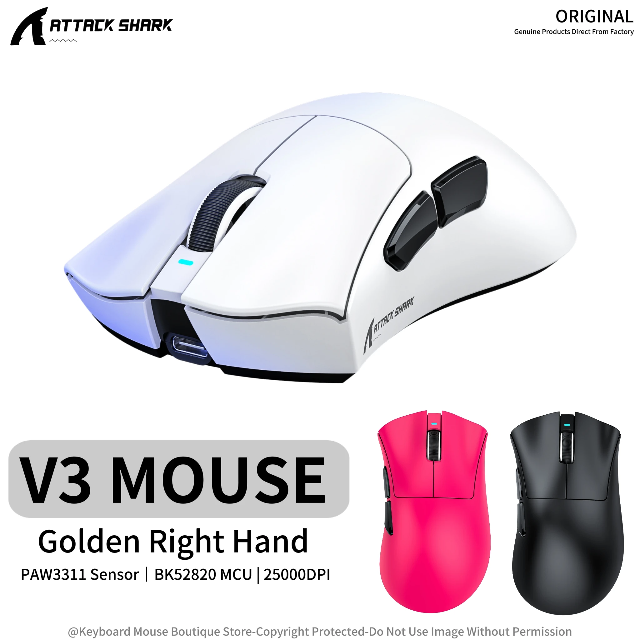 Attack Shark V3 Lightweight Gaming Mouse,1000 Hz Polling Rate,Golden Right-Hand Split Design for Esports Gaming,PAW3311 Sensor