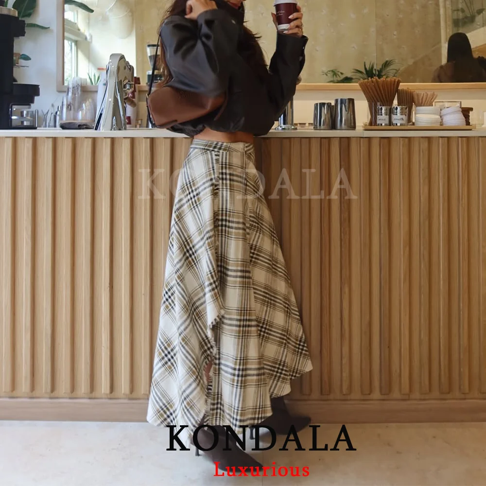 KONDALA Vintage Lässiger Chic Damenrock Kariert Asymmetrisch Locker Sitzender Reißverschluss-Rock Mode 2026 Frühling Sommer Urlaub Damenrock