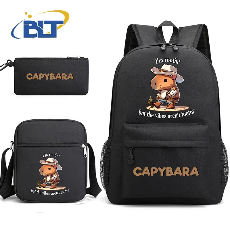 Cute capybara cartoon animal print student backpack set black backpack shoulder bag pencil case 3-Piece Set for boys and girls