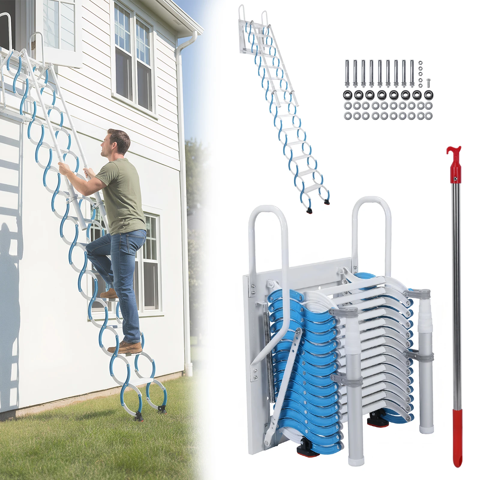 

Ceiling Mount Attic Ladder Invisible Telescoping Attic Stairs Anti-Slip Feet S-Shaped Design Suitable for Garages Roofs Basement