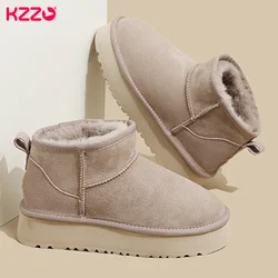 KZZO 2023 Australia Sheepskin Leather Ultra Mini Platform Snow Boots Women Natural Wool Fur Ankle Thick Sole Winter Warm Shoes