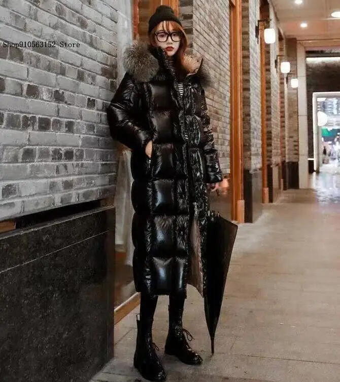 Down Cotton Coat Knee Length Cotton Jacket Black Shiny Super Thick Real Fur Collar Cotton Jacket for Women