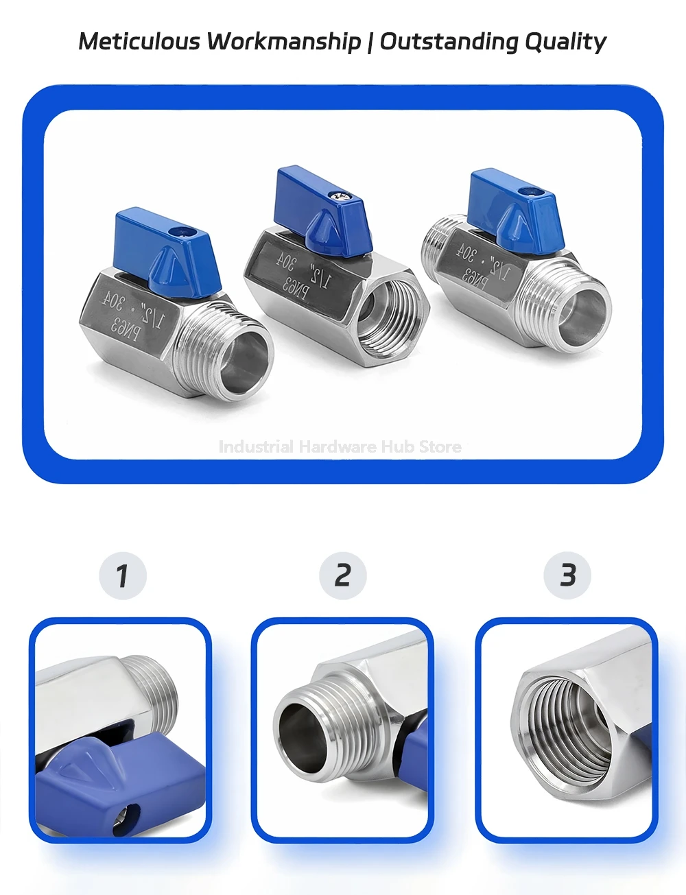 Mini-Kugelhahn aus Edelstahl 304/316L, 1/8 Zoll, 1/4 Zoll, 3/8 Zoll, 1/2 Zoll, 3/4 Zoll BSPT NPT-Innengewinde, blaues Griffventil für Wasser/Öl – Detail 11