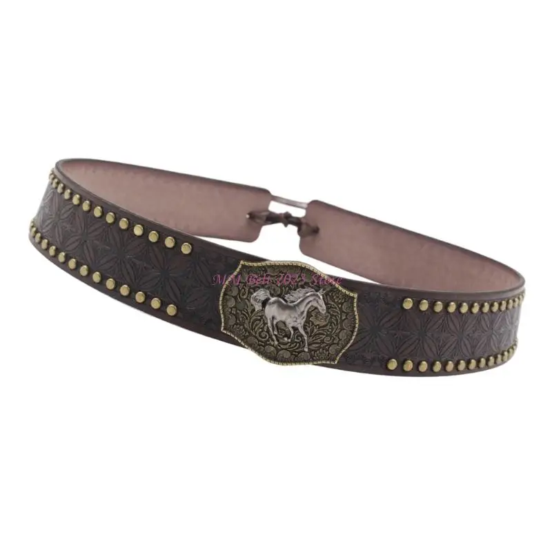49ME Adjustable PU Hat Band With Metal Rivet Studs Embossed Pattern For Western Costume And Everyday Wear Hat Decoration