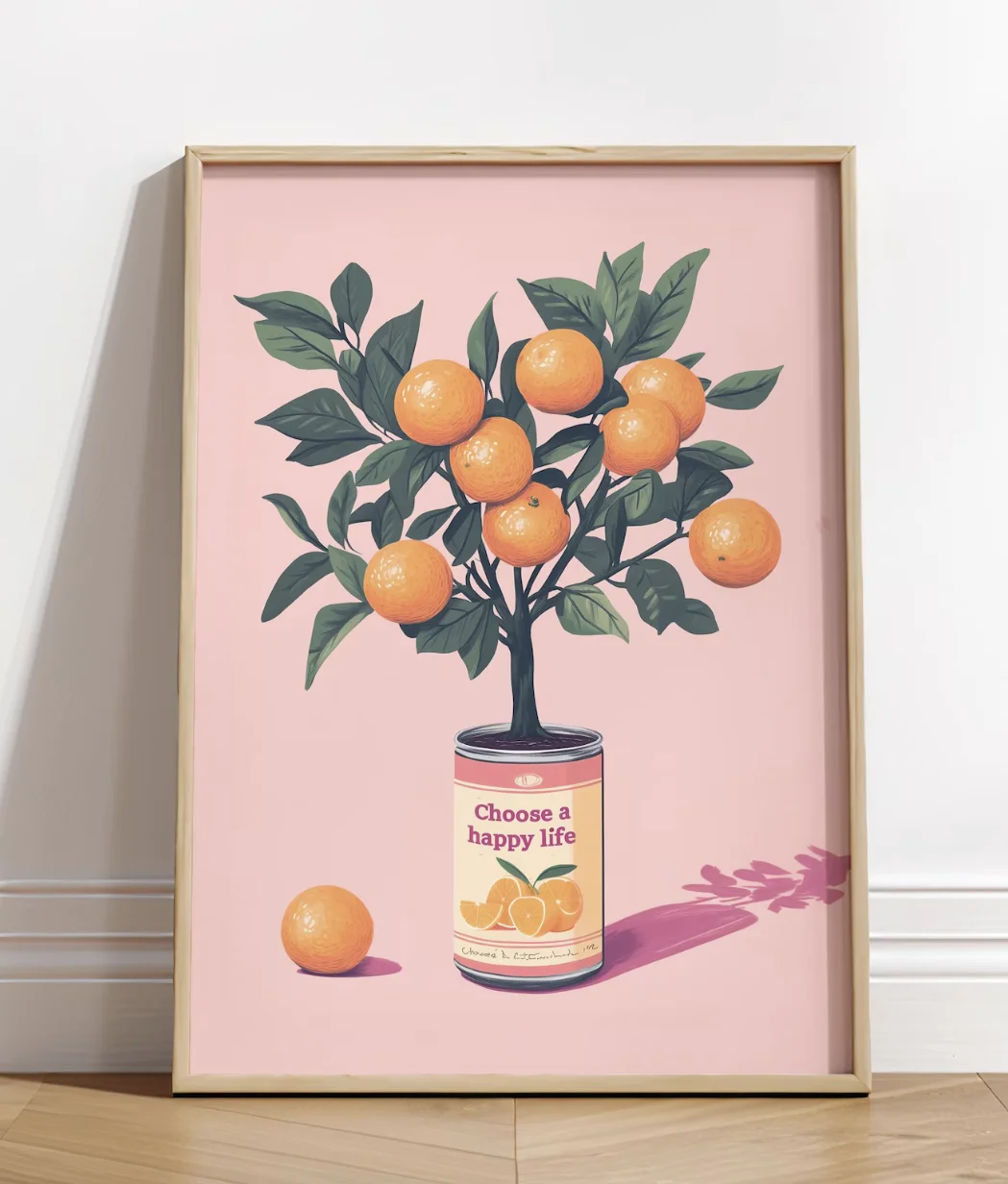 Orange Tree Tin Can Wall Art Canvas Prints Posters Decor, Pink Fruit Quote Printing for Bedroom, Living Room, Kitchen