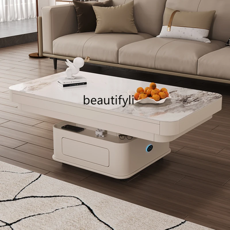 Electric Lifting Coffee Table Dual-Purpose Multifunctional Folding Dining Table Two-in-One Simple Movable Stone Plate Tea Table