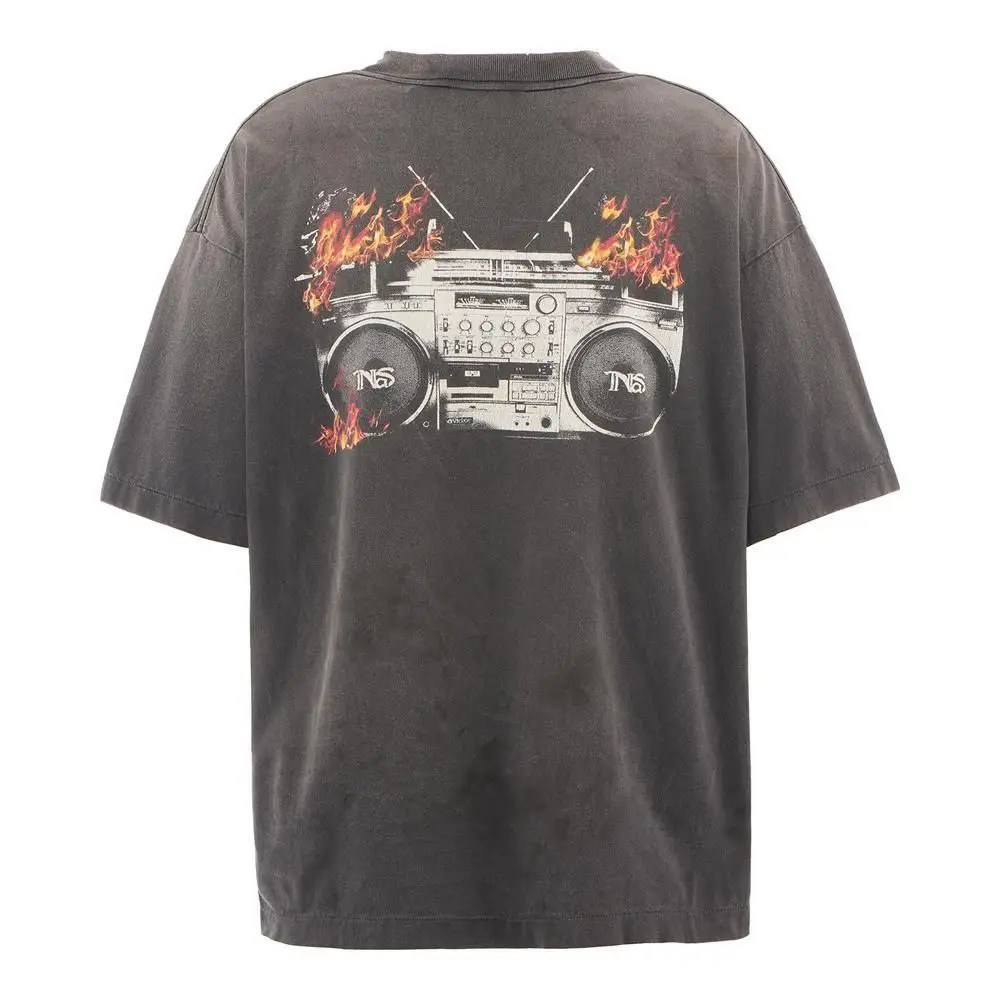 Saint Michael Flame Radio Print Washed Distressed Short-Sleeved Men's And Women's Street T-Shirt