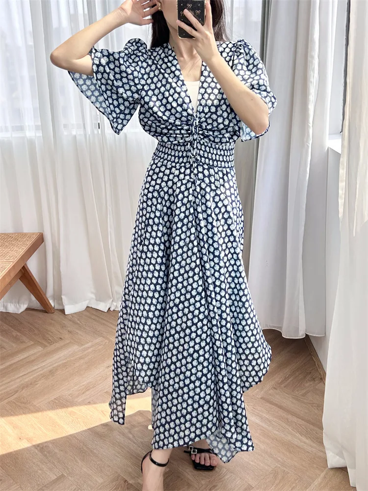 Women's vintage V-neck printed dress short sleeves drawstring design irregular midi robe