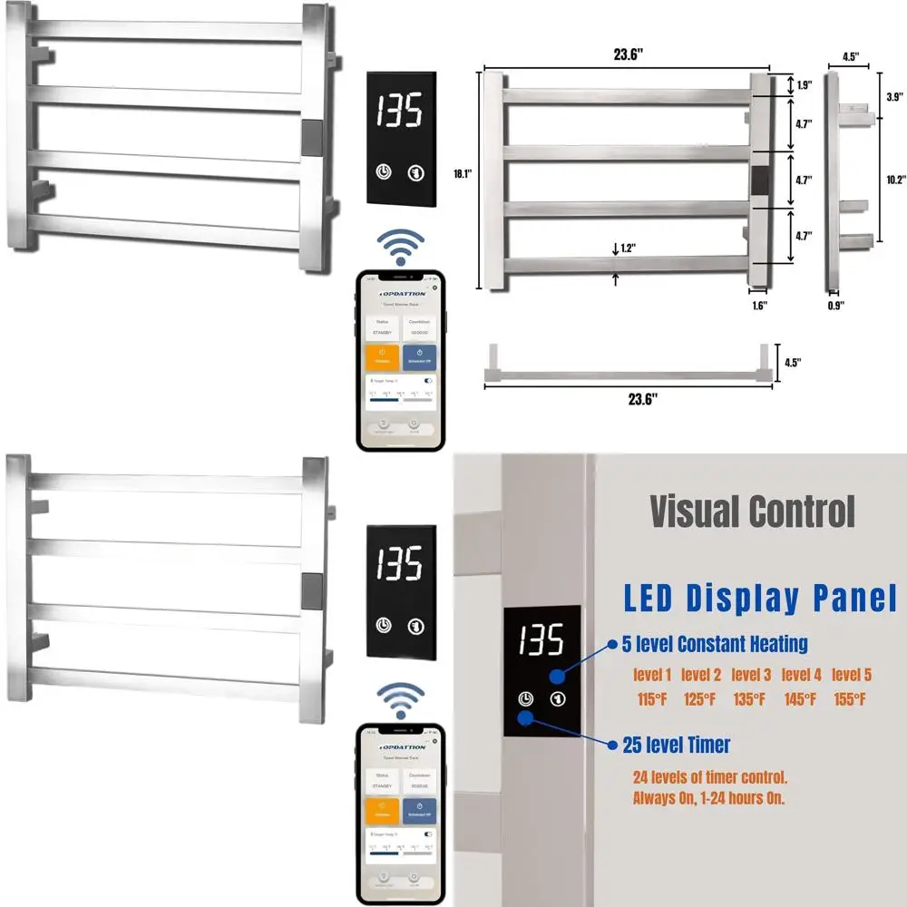 

Ультратонкий электрический полотенцесушитель с 4 перекладинами | С проводным подключением или с использованием адаптера | Совместим с Alexa и Home | Матовая отделка