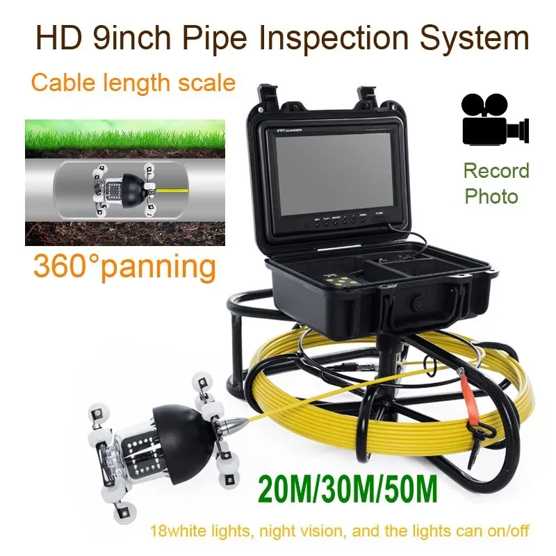 WP9600D 360 Degree Rotation Underwater Video Camera 20/30/50M 9 inch LCD Industrial Pipeline Endoscope Camera Inspection System